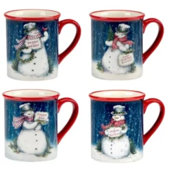 Certified International Set Of 4 20oz Snowman Greetings Mugs